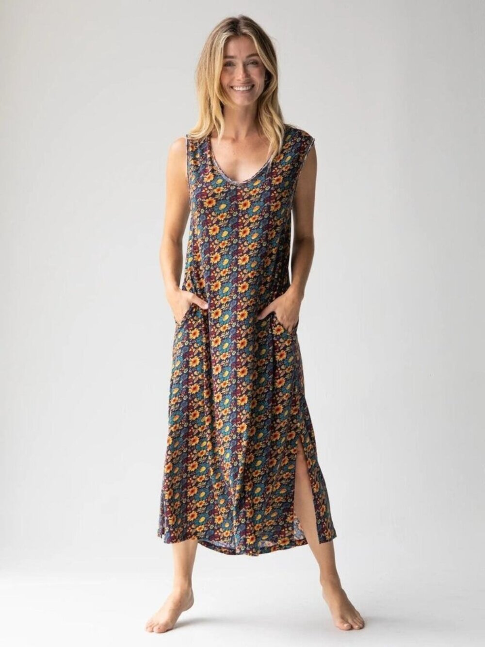 Natural Life Navy Floral Stripe Cotton Knit Sleeveless Maxi Dress Size Medium